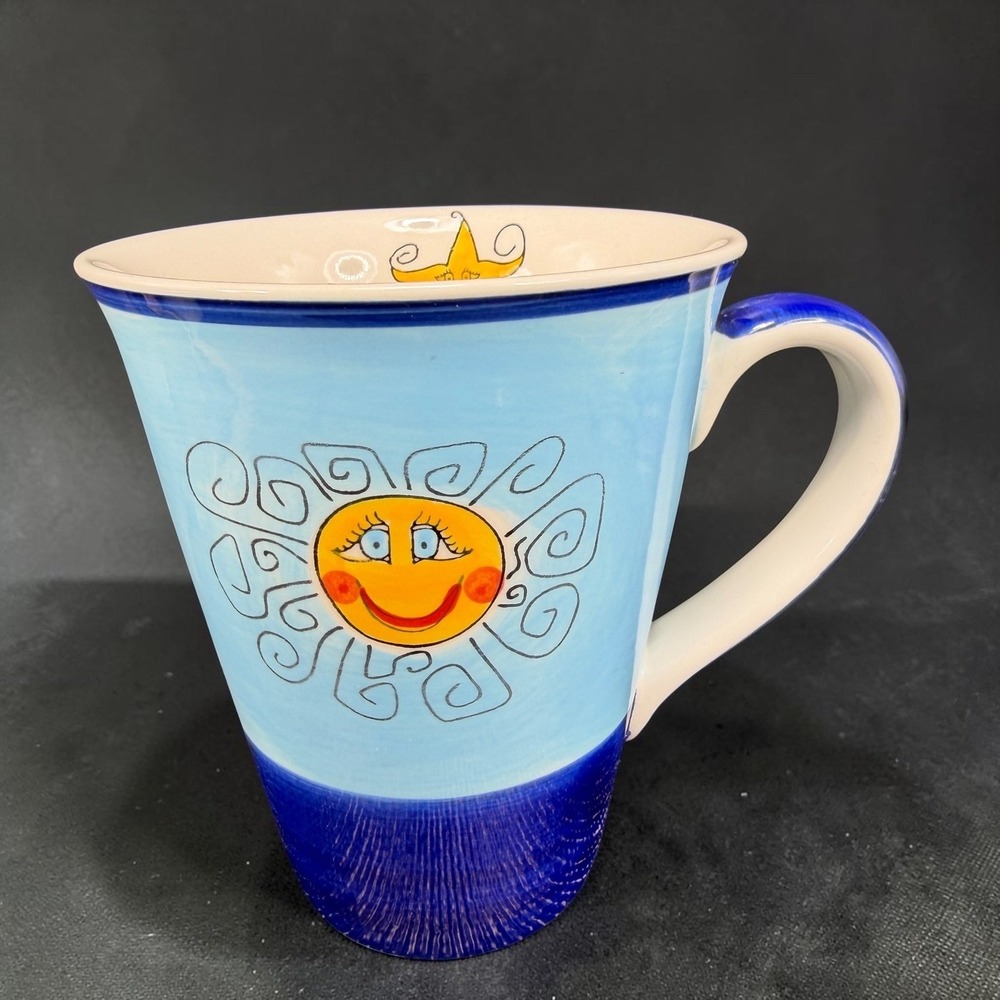 Cha Cult Hamburg Handpainted Sun Ceramic Coffee Mug Blue Yellow Made in Thailand